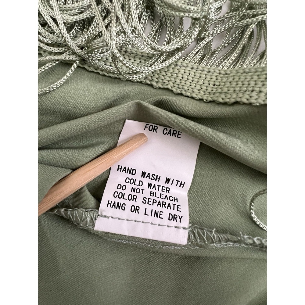 12th Tribe Tulum Green Satin Fringe Midi Dress L (M) Open Tie Back Party Boho - Picture 8 of 12